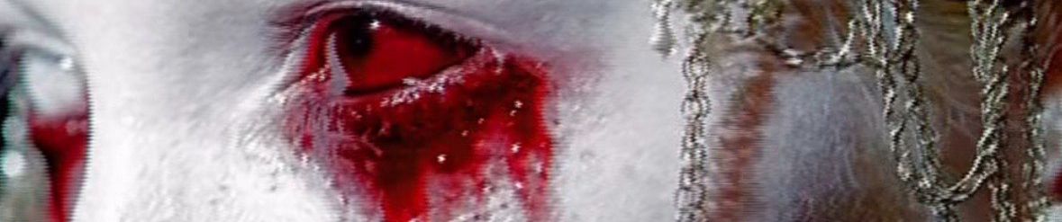 a pale face crying red tears, silver chains across it