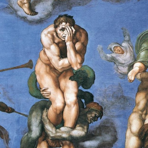 a painted nude man covering one eye as figures drag him down