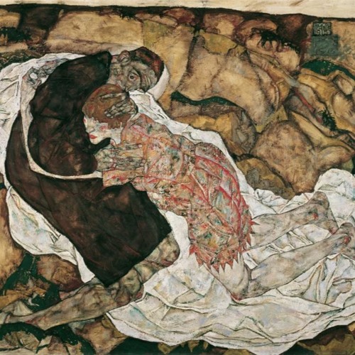 a painted couple clinging together on a white sheet in a barren landscape